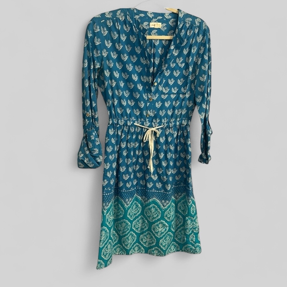 Meadow Rue mixed media blue tie waist preppy midi dress size 2 US ladies